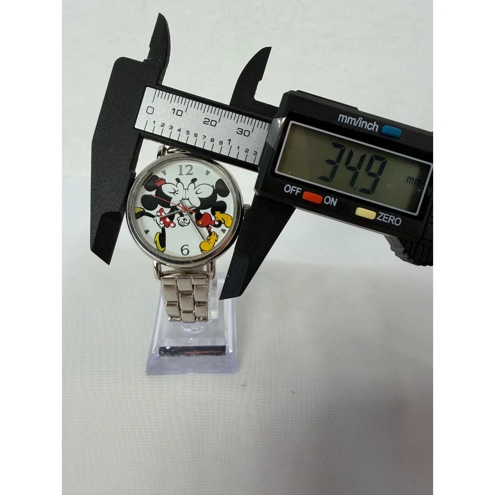Disney Mickey Minnie Mouse Kissing Watch Silver Tone Link Bracelet Working